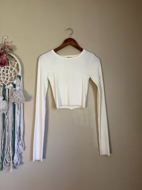 Eterne Cropped Long Sleeve Rib Knit Top Ivory Size Small